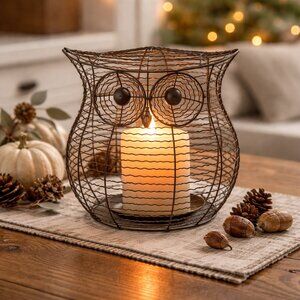 Pottery Barn Metal Owl Luminary Rustic Decor 8"